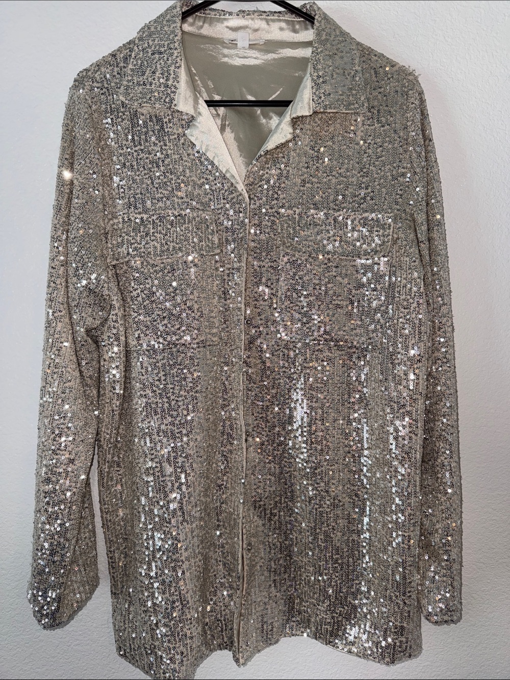 Women's Silver Sequin Button-Down Shirt - Picture 3 of 6
